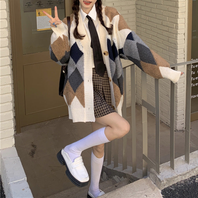 VILZSTUDIOS Stylish oversized cardigan with retro argyle pattern