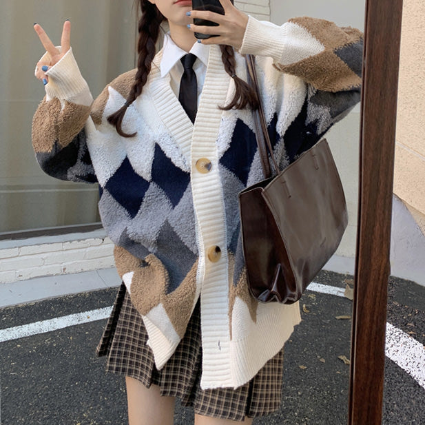 VILZSTUDIOS Stylish oversized cardigan with retro argyle pattern