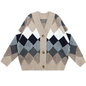 VILZSTUDIOS Stylish oversized cardigan with retro argyle pattern