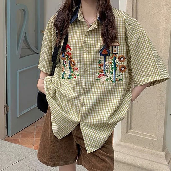 VILZSTUDIOS Retro plaid button-up shirt for streetwear fashion