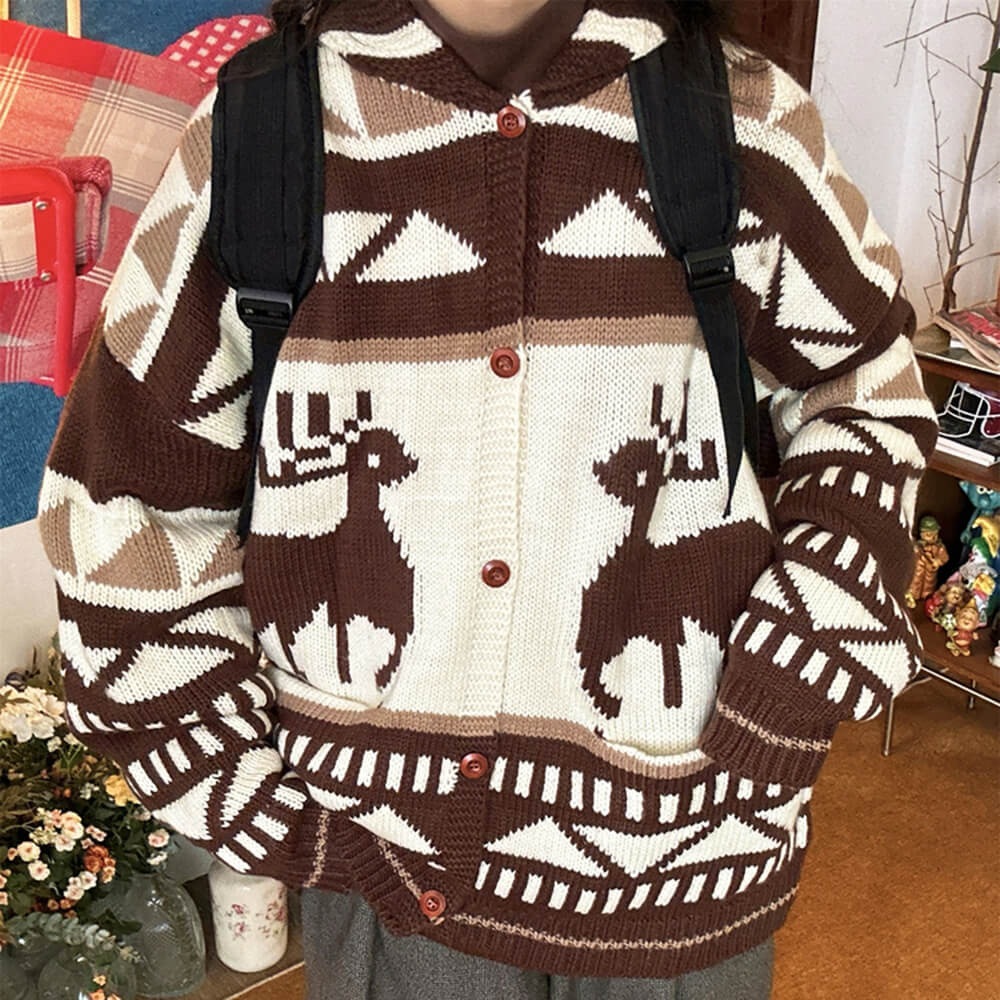 VILZSTUDIOS Retro knit hooded cardigan with reindeer pattern