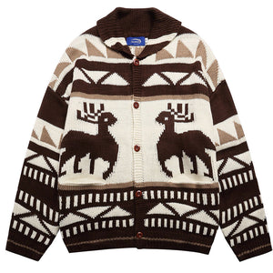 VILZSTUDIOS Retro knit hooded cardigan with reindeer pattern