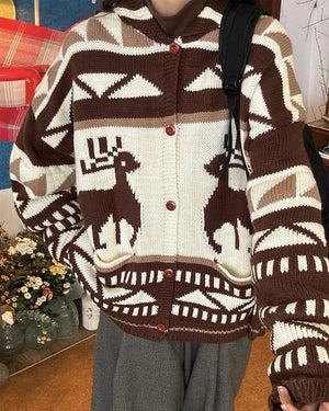 VILZSTUDIOS Retro knit hooded cardigan with reindeer pattern