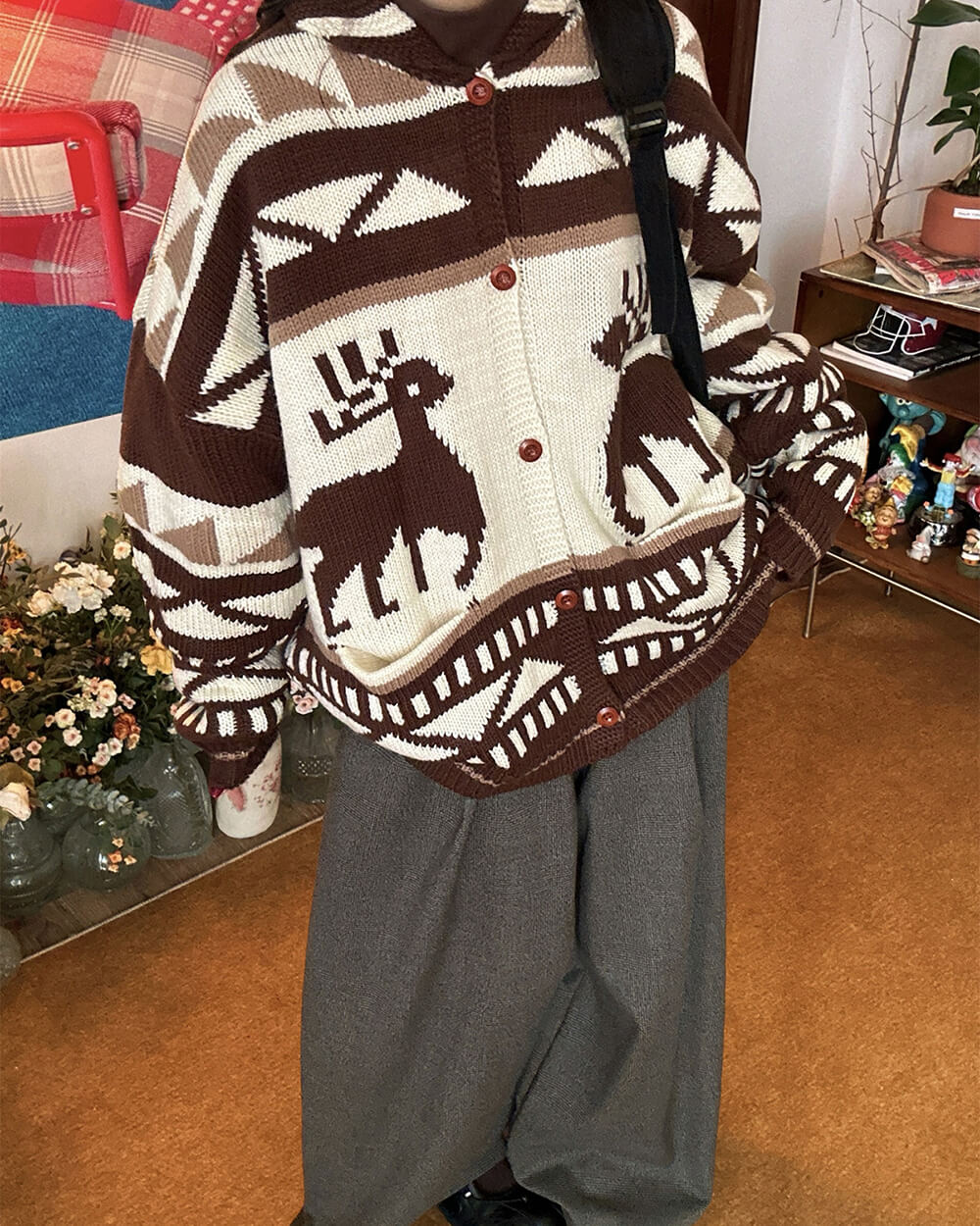 VILZSTUDIOS Retro knit hooded cardigan with reindeer pattern