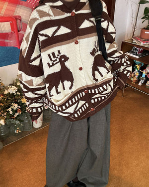 VILZSTUDIOS Retro knit hooded cardigan with reindeer pattern