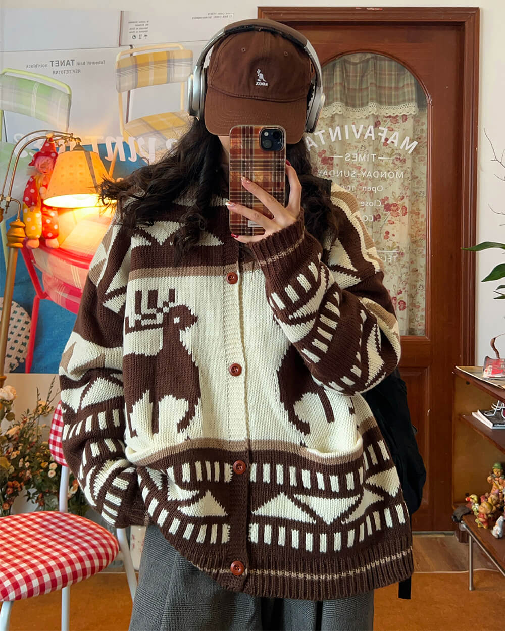VILZSTUDIOS Retro knit hooded cardigan with reindeer pattern