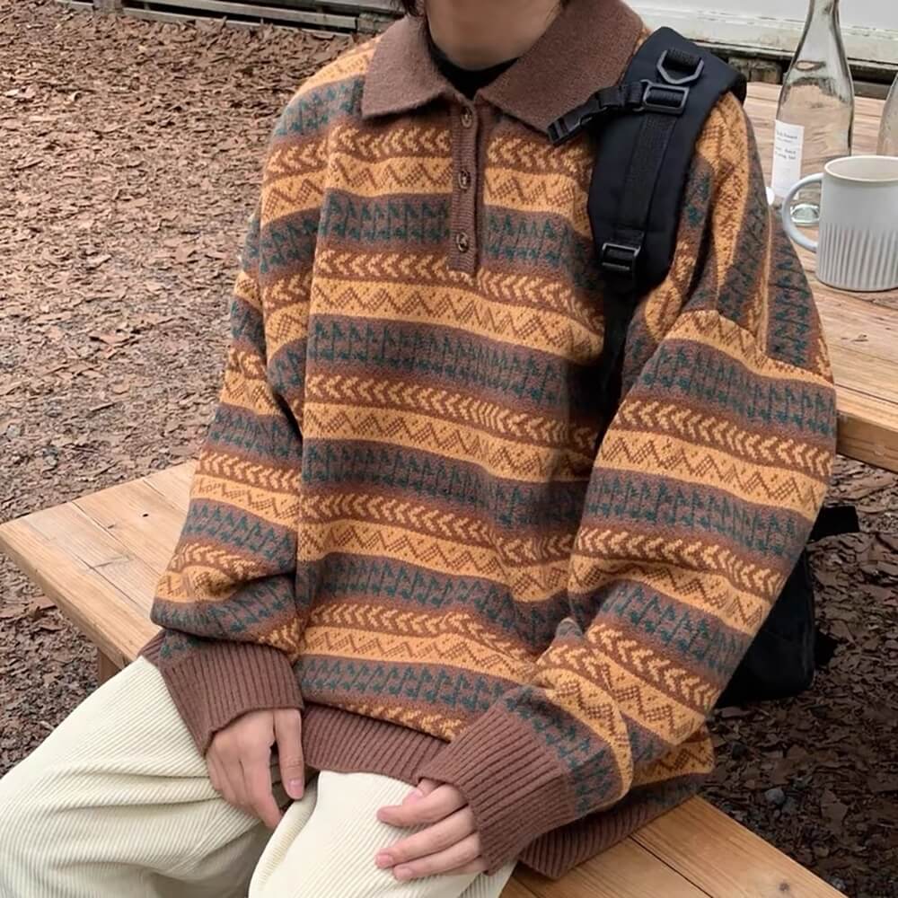 VILZSTUDIOS Retro striped collar oversized sweater from VILZSTUDIOS