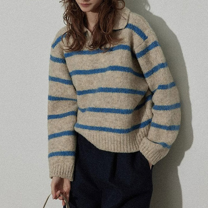 VILZSTUDIOS Retro striped polo knit jumper for streetwear fashion