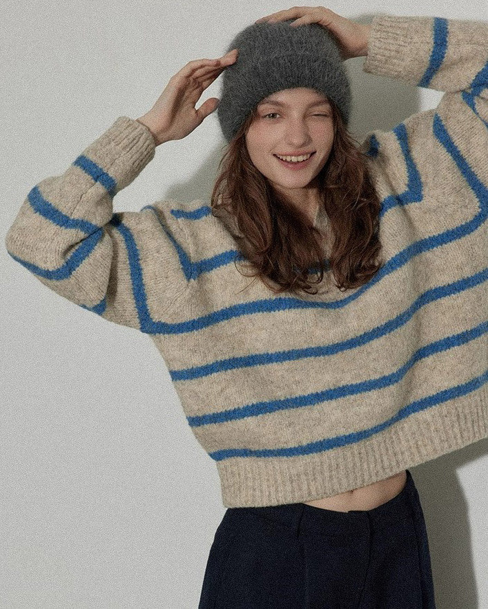 VILZSTUDIOS Retro striped polo knit jumper for streetwear fashion