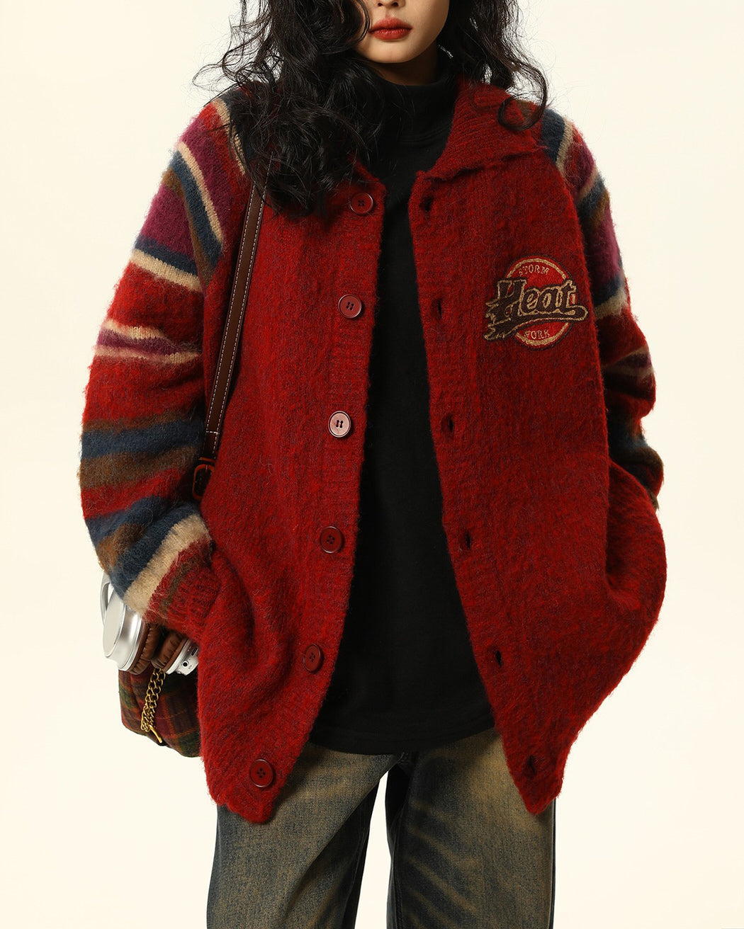 VILZSTUDIOS Stylish cardigan with plaid sleeves and button-up front