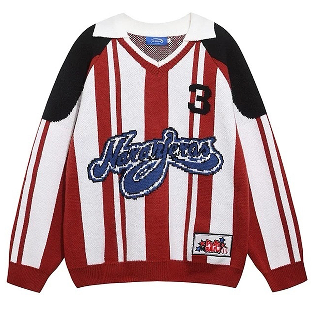 VILZSTUDIOS Retro varsity style knit sweater with stripes and patch