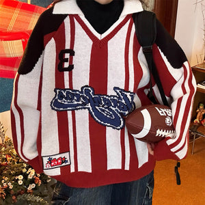 VILZSTUDIOS Retro varsity style knit sweater with stripes and patch