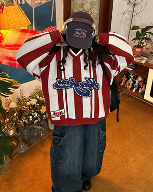 VILZSTUDIOS Retro varsity style knit sweater with stripes and patch