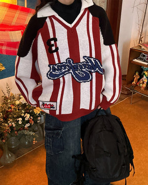 VILZSTUDIOS Retro varsity style knit sweater with stripes and patch