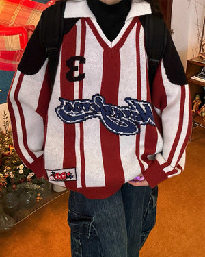 VILZSTUDIOS Retro varsity style knit sweater with stripes and patch