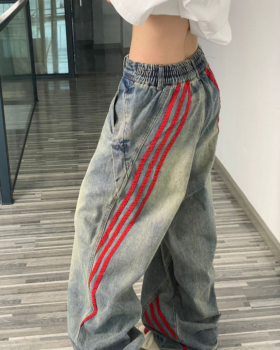 VILZSTUDIOS Retro wide-leg jeans with red side stripes