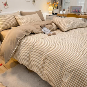 VILZSTUDIOS Beige, mint, blue, rose and mustard check or stripe bedding set with coordinating solid reverse