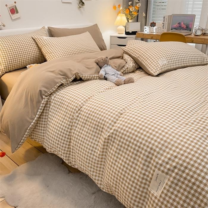 VILZSTUDIOS Beige, mint, blue, rose and mustard check or stripe bedding set with coordinating solid reverse