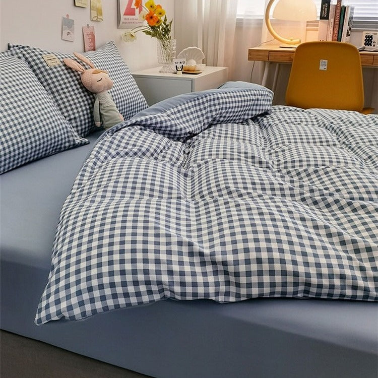 VILZSTUDIOS Beige, mint, blue, rose and mustard check or stripe bedding set with coordinating solid reverse
