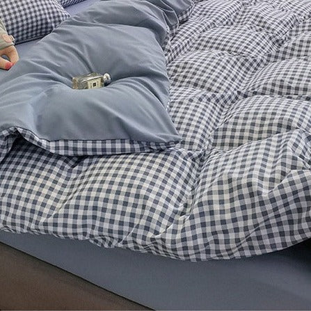 VILZSTUDIOS Beige, mint, blue, rose and mustard check or stripe bedding set with coordinating solid reverse