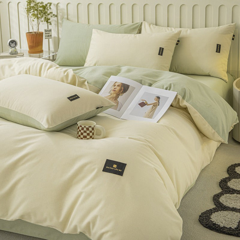VILZSTUDIOS pastel and warm neutral reversible bedding set with small rectangular woven accent patches