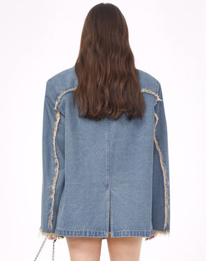 VILZSTUDIOS Ripped denim blazer with butterfly pin and frayed edges