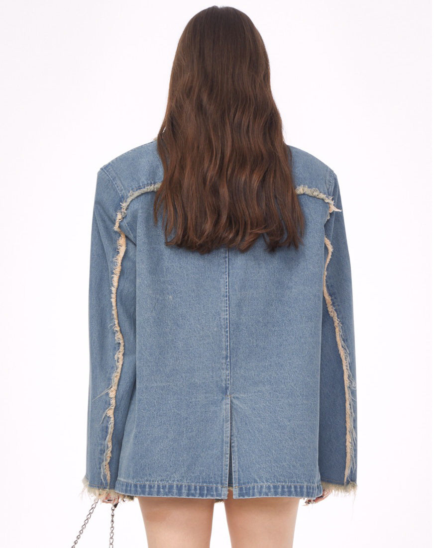 VILZSTUDIOS Ripped denim blazer with butterfly pin and frayed edges