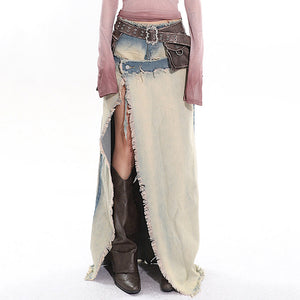 VILZSTUDIOS Denim maxi skirt with ripped design