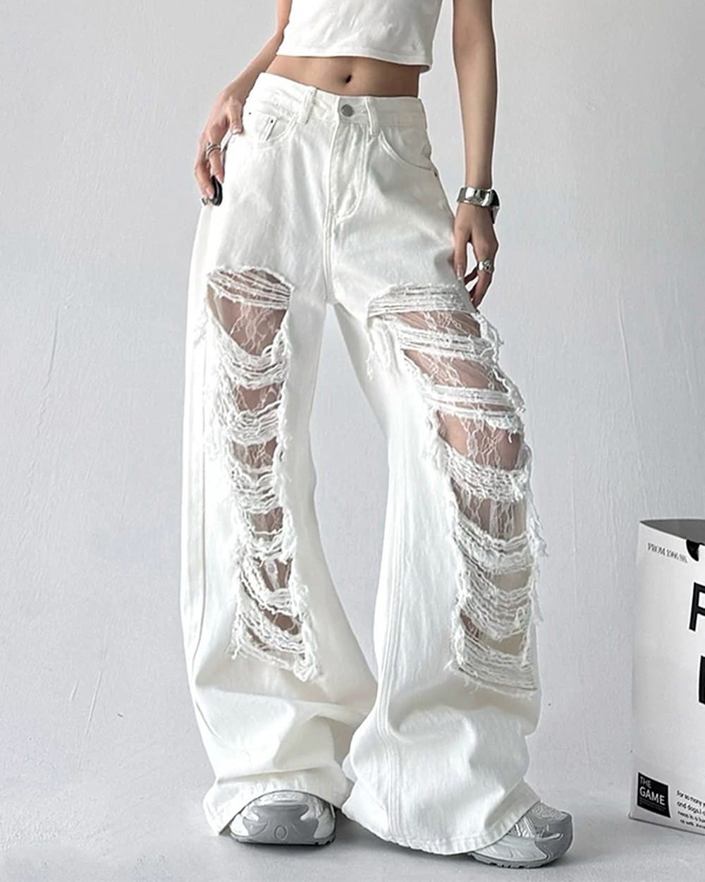VILZSTUDIOS Ripped lace wide-leg jeans from VILZSTUDIOS