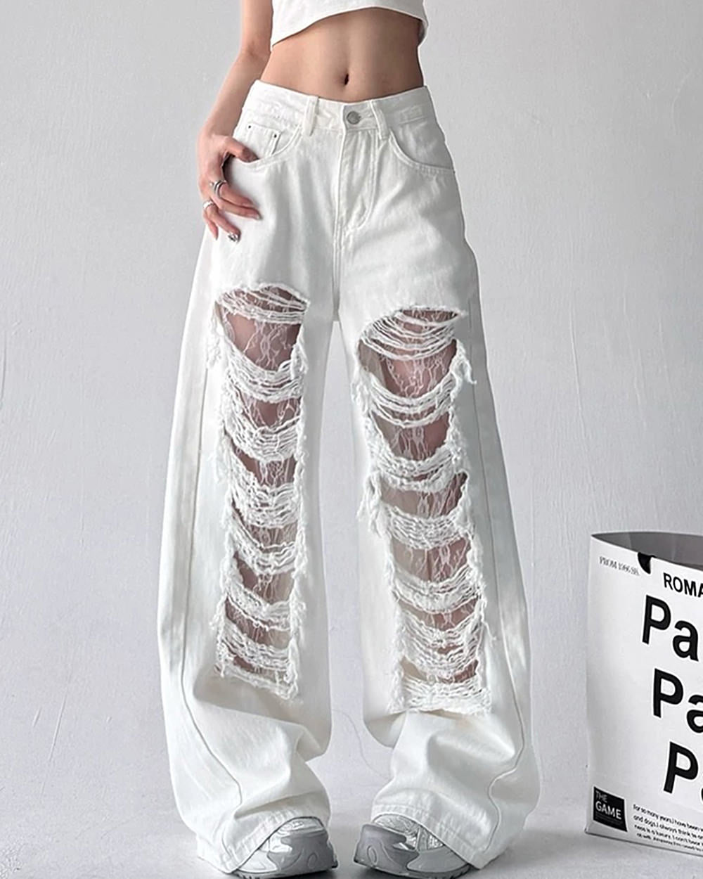 VILZSTUDIOS Ripped lace wide-leg jeans from VILZSTUDIOS