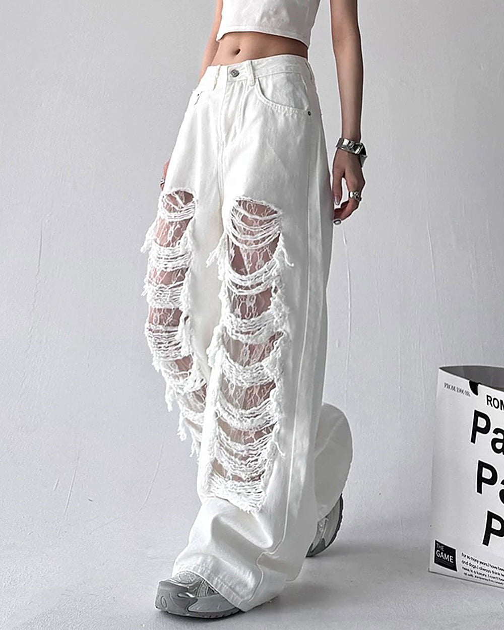 VILZSTUDIOS Ripped lace wide-leg jeans from VILZSTUDIOS