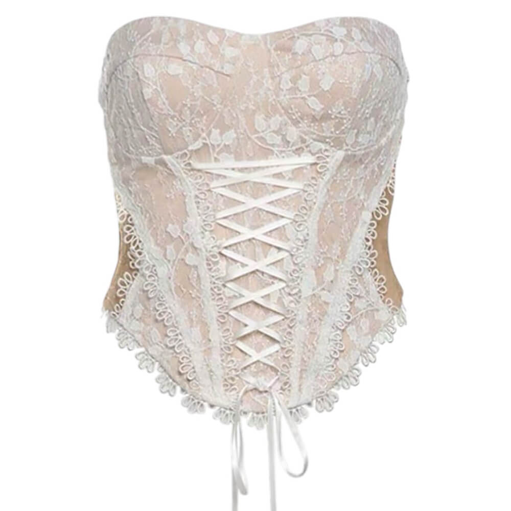 VILZSTUDIOS Lace corset top with floral embroidery and satin ribbon