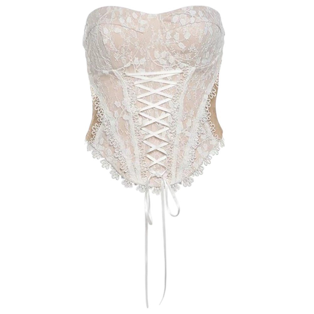 VILZSTUDIOS Lace corset top with floral embroidery and satin ribbon