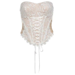 VILZSTUDIOS Lace corset top with floral embroidery and satin ribbon