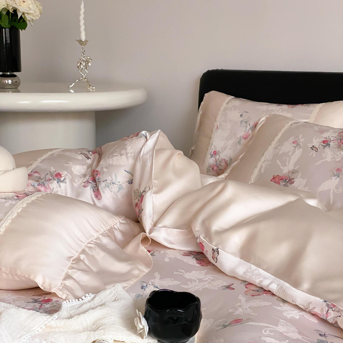 VILZSTUDIOS blush pink rose and butterfly duvet cover set with lace trim and ruffled borders