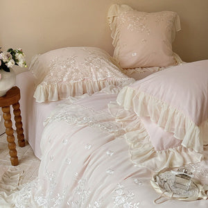 VILZSTUDIOS blue, blush pink or wine red rose embroidered bedding set with layered ruffles
