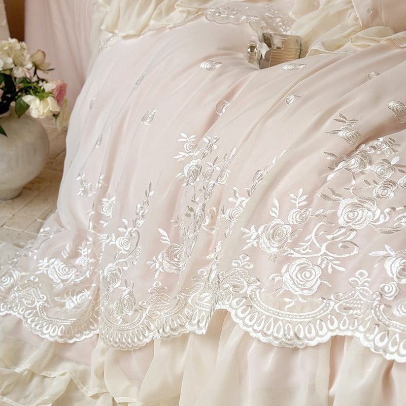 VILZSTUDIOS blue, blush pink or wine red rose embroidered bedding set with layered ruffles