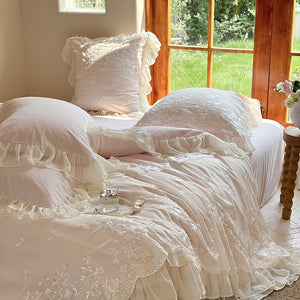 VILZSTUDIOS blue, blush pink or wine red rose embroidered bedding set with layered ruffles