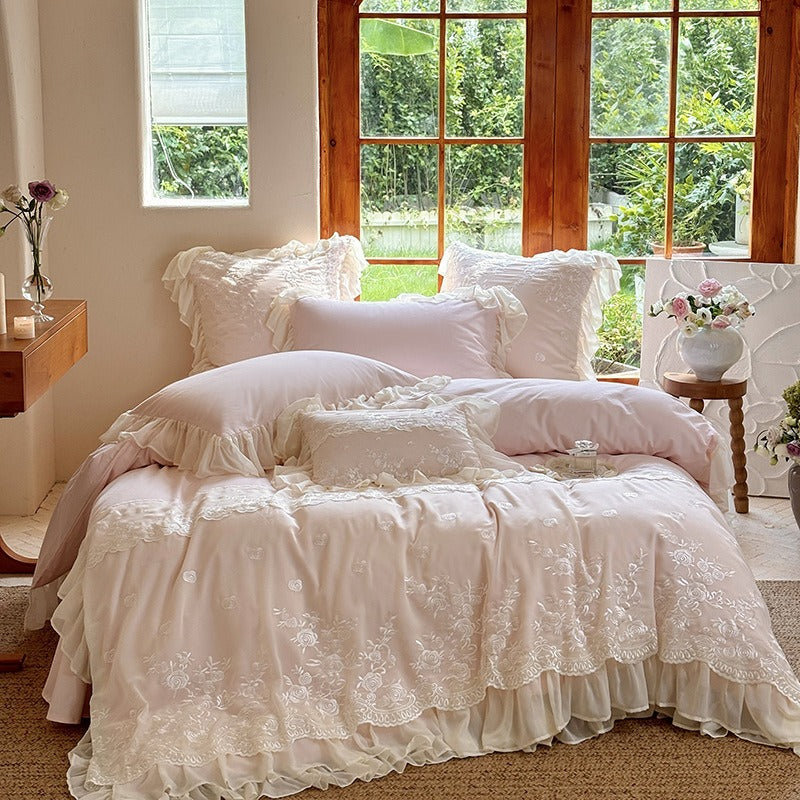 VILZSTUDIOS blue, blush pink or wine red rose embroidered bedding set with layered ruffles