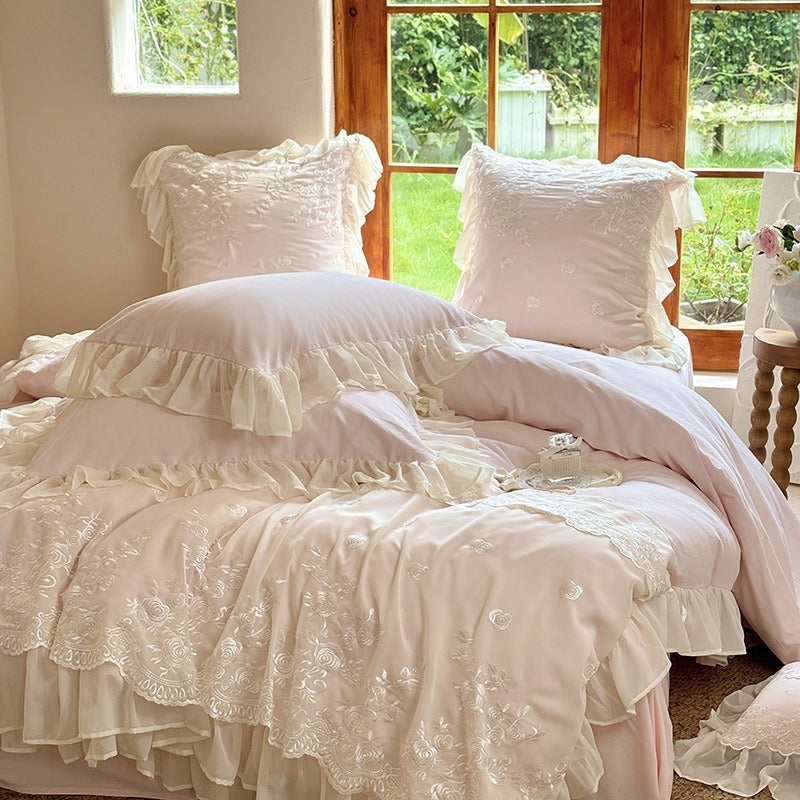 VILZSTUDIOS blue, blush pink or wine red rose embroidered bedding set with layered ruffles