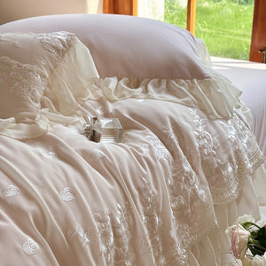 VILZSTUDIOS blue, blush pink or wine red rose embroidered bedding set with layered ruffles