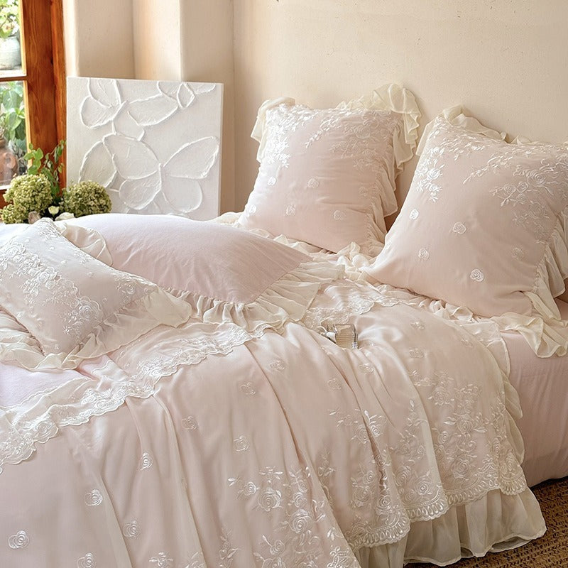 VILZSTUDIOS blue, blush pink or wine red rose embroidered bedding set with layered ruffles