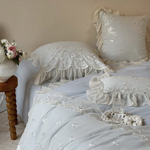 VILZSTUDIOS blue, blush pink or wine red rose embroidered bedding set with layered ruffles