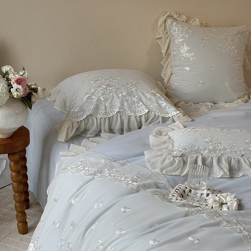 VILZSTUDIOS blue, blush pink or wine red rose embroidered bedding set with layered ruffles