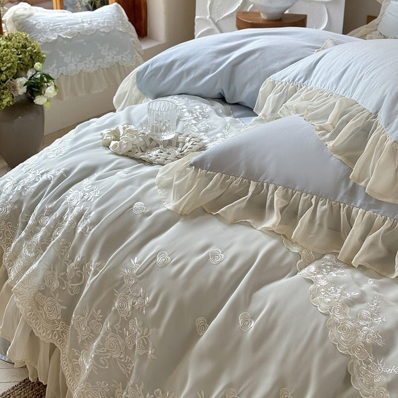 VILZSTUDIOS blue, blush pink or wine red rose embroidered bedding set with layered ruffles