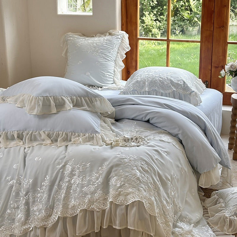 VILZSTUDIOS blue, blush pink or wine red rose embroidered bedding set with layered ruffles