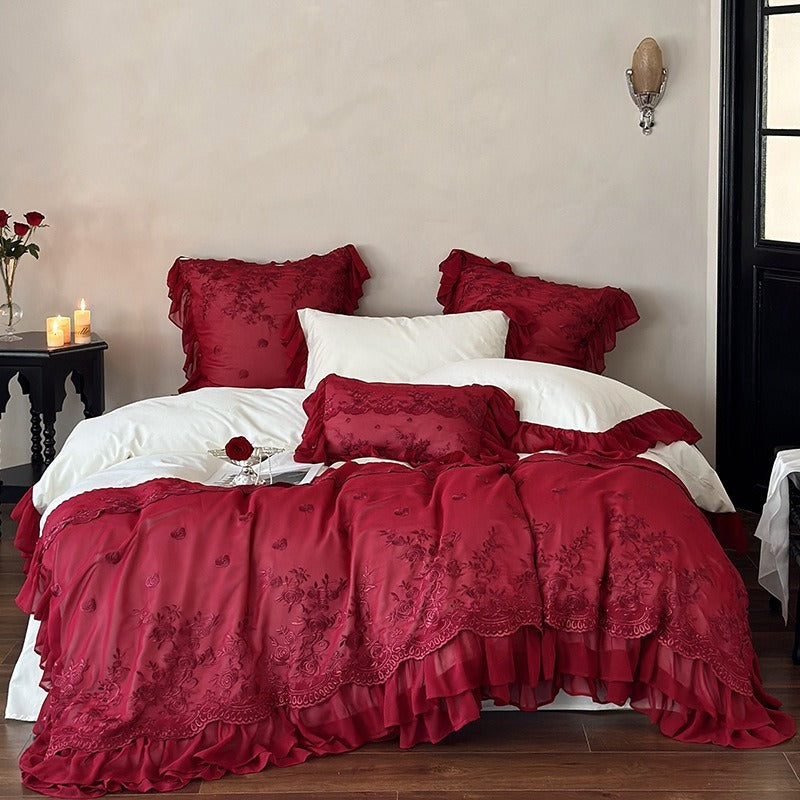 VILZSTUDIOS blue, blush pink or wine red rose embroidered bedding set with layered ruffles