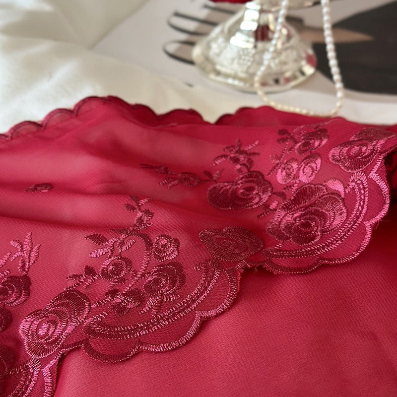 VILZSTUDIOS blue, blush pink or wine red rose embroidered bedding set with layered ruffles