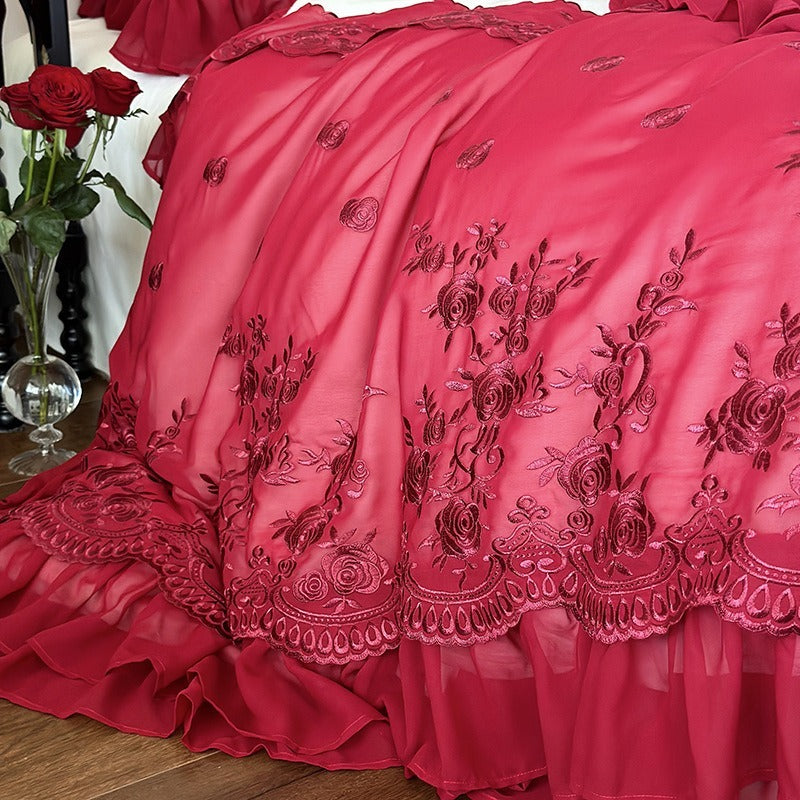VILZSTUDIOS blue, blush pink or wine red rose embroidered bedding set with layered ruffles