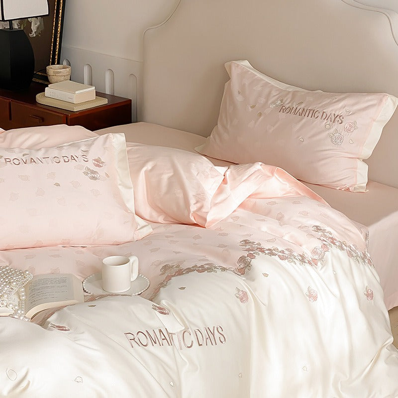 VILZSTUDIOS blush pink or powder blue and ivory rose jacquard bedding set with floral embroidery and flanged pillowcases
